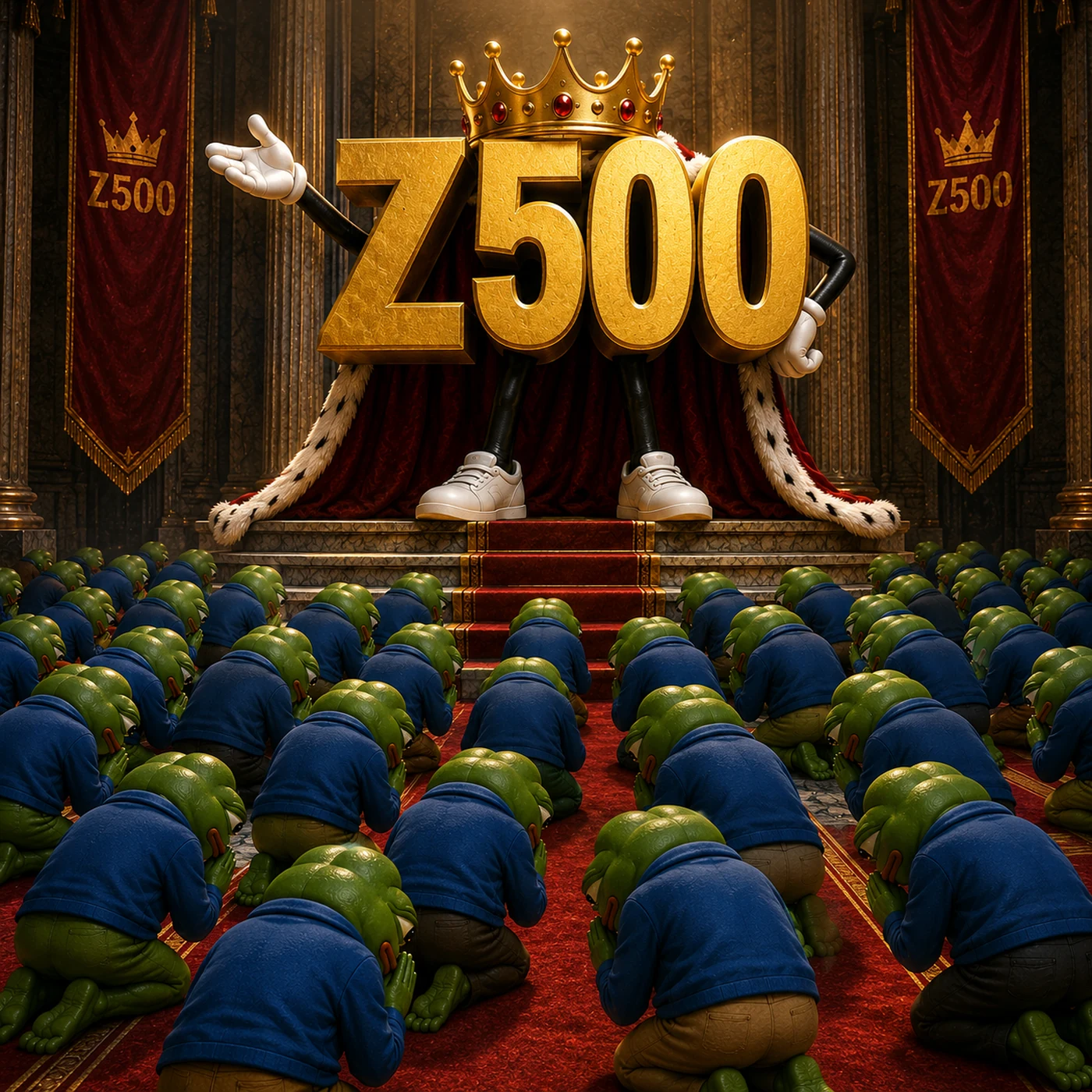 Golden Z500 king surrounded by bowing frogs